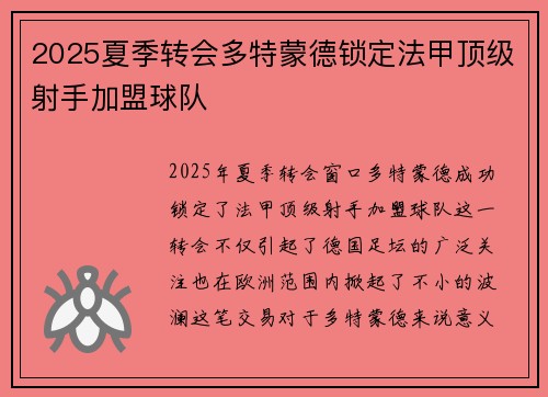 2025夏季转会多特蒙德锁定法甲顶级射手加盟球队